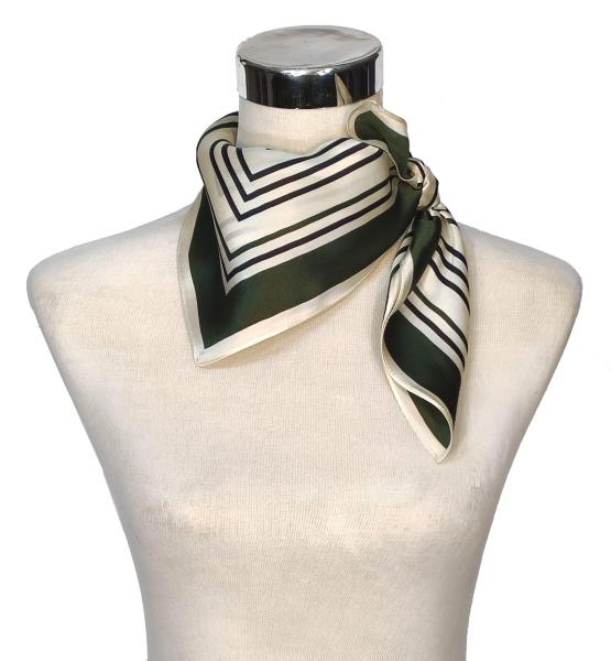 Foulard Shawl Silk Satin Geometry Green Oliv Wight